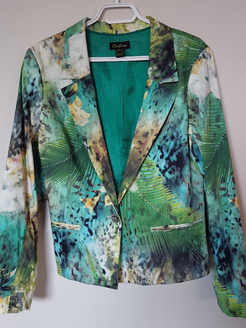 Cartise Women's 14-16 Blazer vibrant green and multicolored tropical leaf print